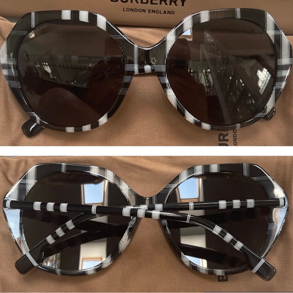 BURBERRY OVERSIZED BLACK AND WHITE CHECK PATTERN SUNGLASSES - Picture 2 of 16